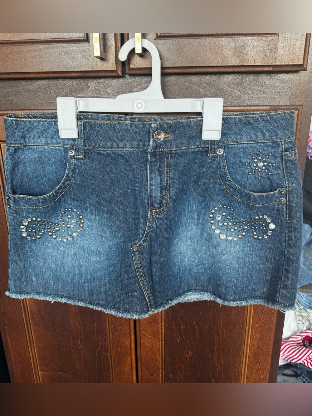 Jordache Y2K Vintage Blue Denim Rhinestone Studded Mini Skirt Raw Hem Size 13/14
